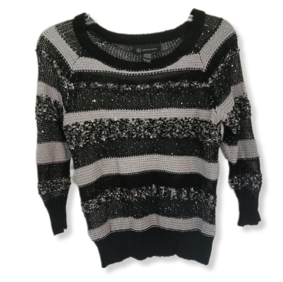 INC International Concepts Sweater Black White Stripe Sequin Long Sleeve… - Picture 1 of 5